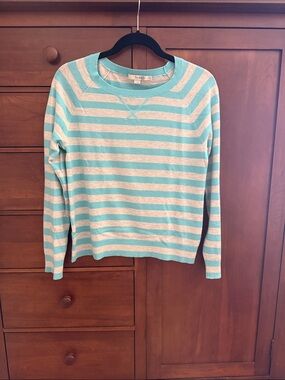 Boden Aqua and Cream Striped Crewneck Sweater